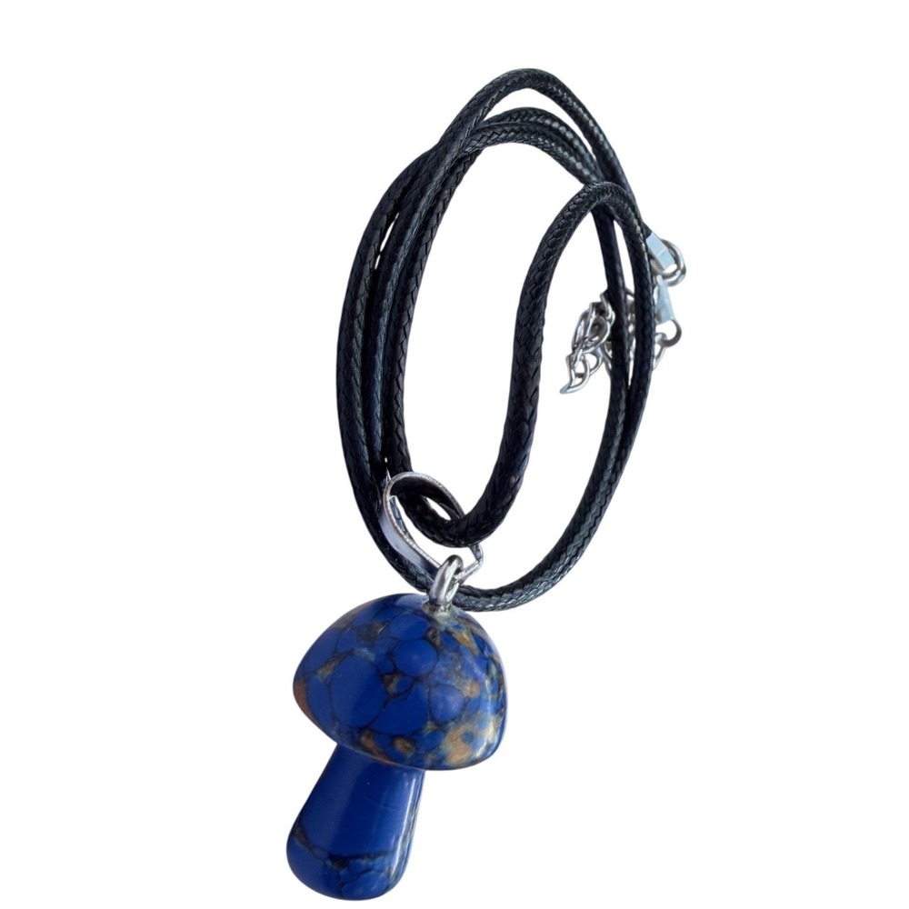 Blue Mushroom Pendant Necklace Black Braided‎ Cord Lapis Style Stone Bohemian